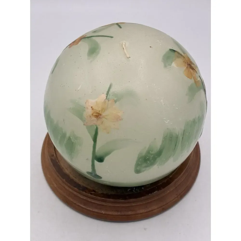 Vintage Handmade Sphere Candle Pressed Flowers Wood Base 5” Boho Decor